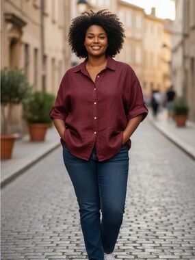 Made in Italy Relaxed Fit Casual Button-Down Shirt in Burgundy 3X